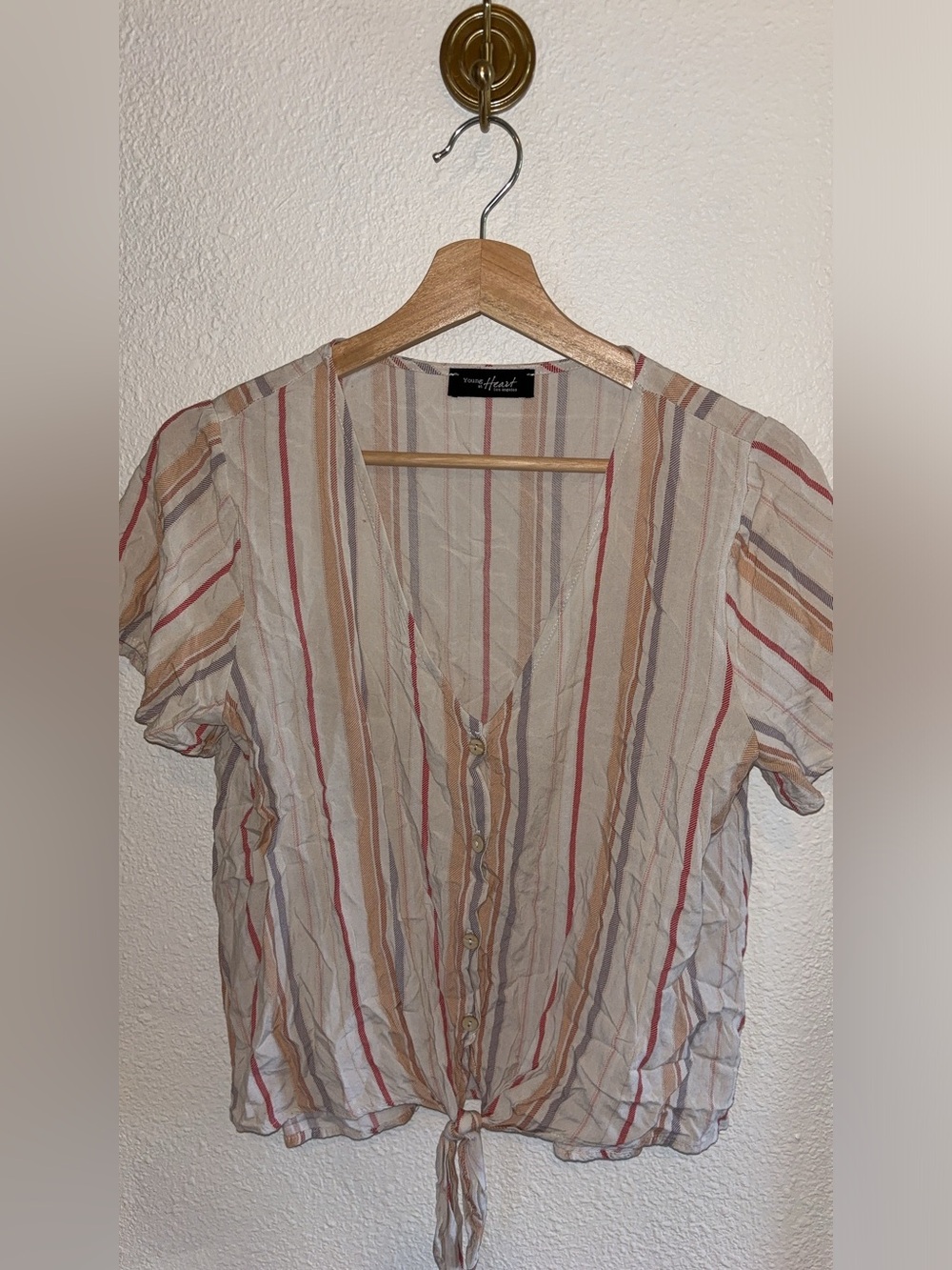 Heartloom Striped Button-Front Tie Hem Top in Cream, Tan & Red